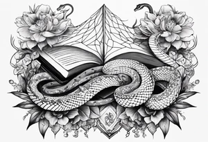 A long tattoo that includes a snake, books, stars and poisonous flowers tattoo idea