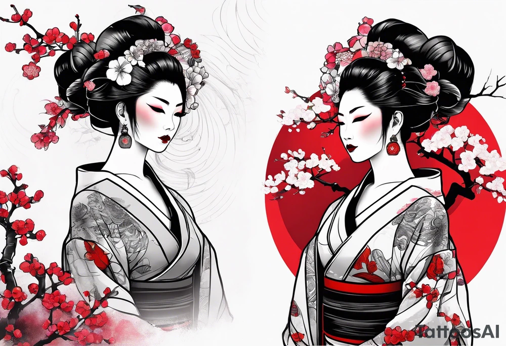 trash polka cyber geisha red sun cherry blossoms tattoo idea