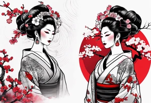 trash polka cyber geisha red sun cherry blossoms tattoo idea