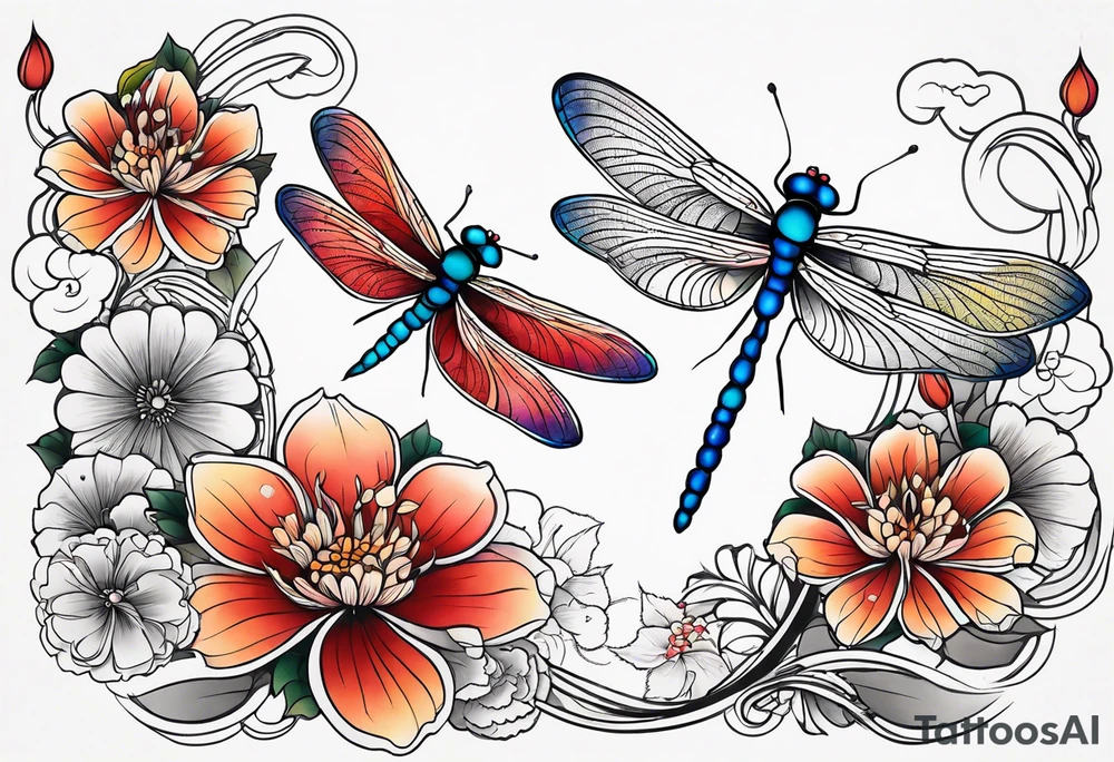 Dragonflies and flowers tattoo idea