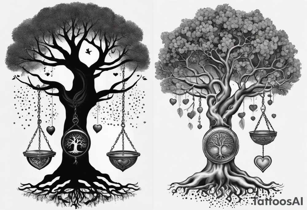 Tree with roots and a brain and heart on a scale hanging from the tree make with Greek mythology influences tattoo idea