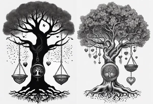 Tree with roots and a brain and heart on a scale hanging from the tree make with Greek mythology influences tattoo idea