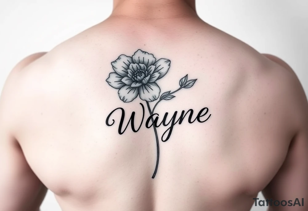 flower with a stem turning into the name wayne in cursive on rib cage tattoo idea