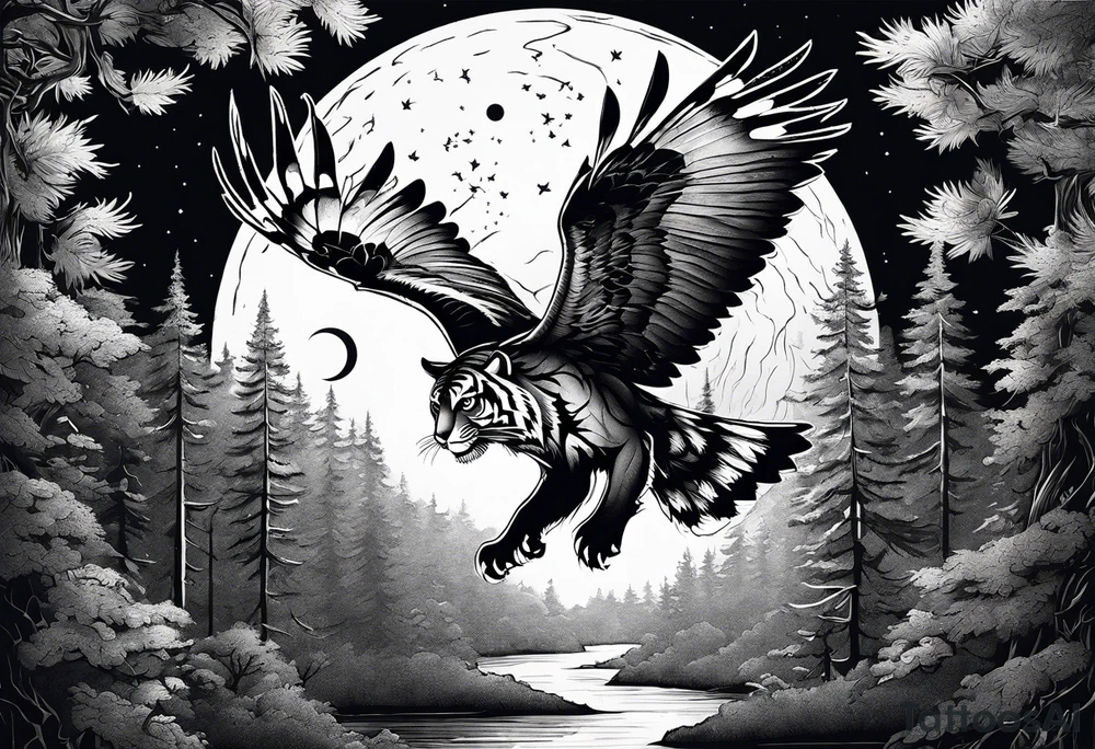 Tiger hunting a flying owl underneath a full moon in a forest tattoo idea