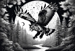 Tiger hunting a flying owl underneath a full moon in a forest tattoo idea