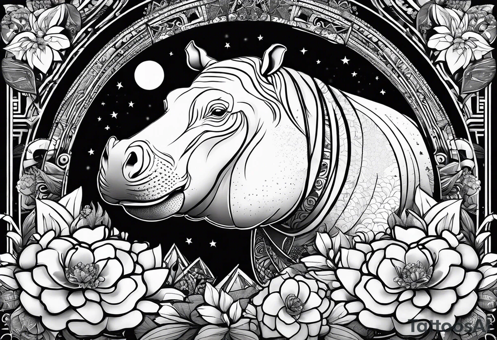 Hippo, flowers, moon, interstella, 
fine lines, tribal, geometric tattoo idea