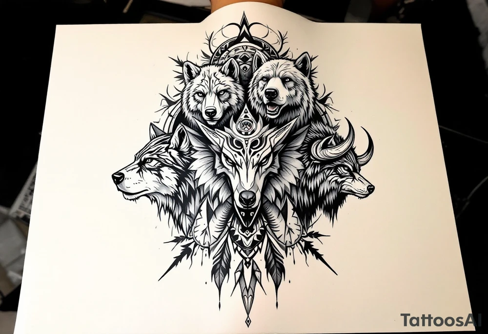 A totem of four animal totems (bear, wolf, eagle, buffalo) in earth tones, representing the medicine wheel. tattoo idea