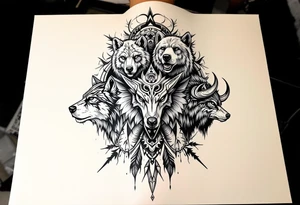 A totem of four animal totems (bear, wolf, eagle, buffalo) in earth tones, representing the medicine wheel. tattoo idea