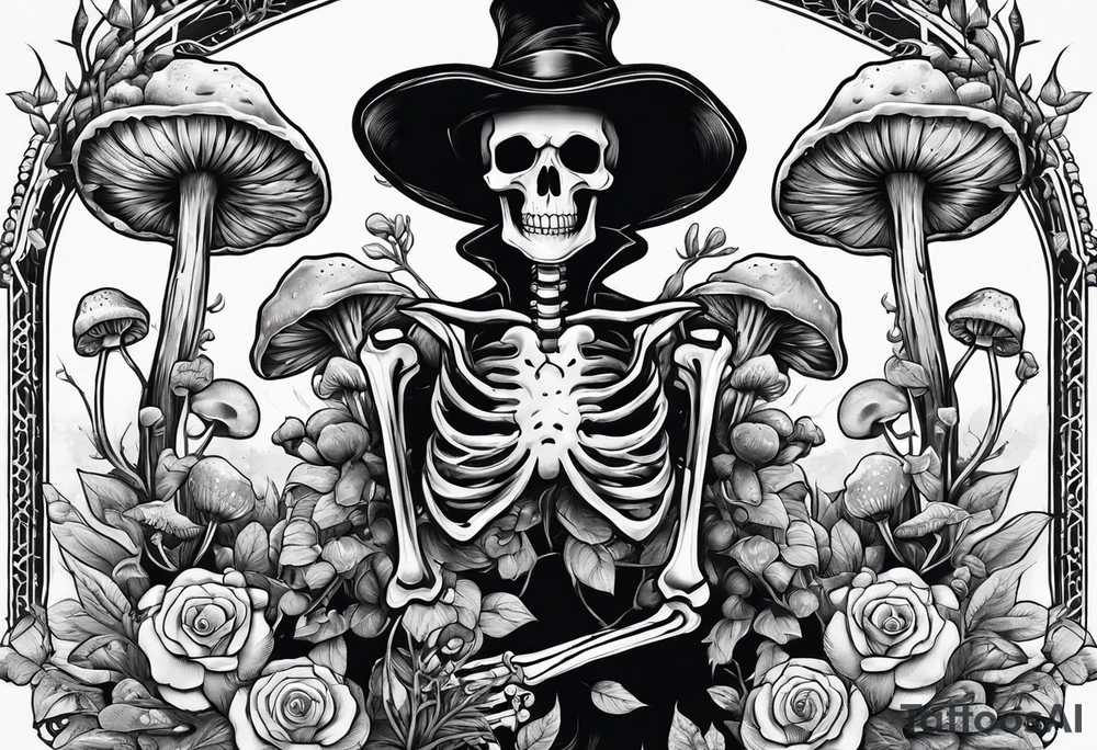skeleton with mushrooms growing out of it tattoo idea