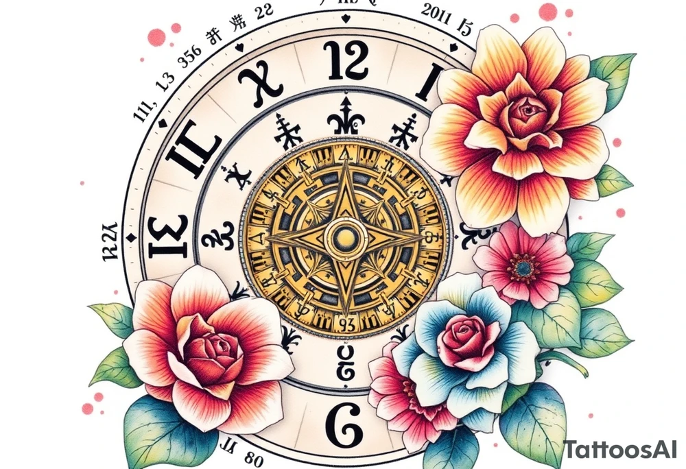 zodiac symbols and Norse runes within ornate clockwork mechanism with roses lilly sunflowers tattoo idea