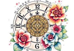 zodiac symbols and Norse runes within ornate clockwork mechanism with roses lilly sunflowers tattoo idea