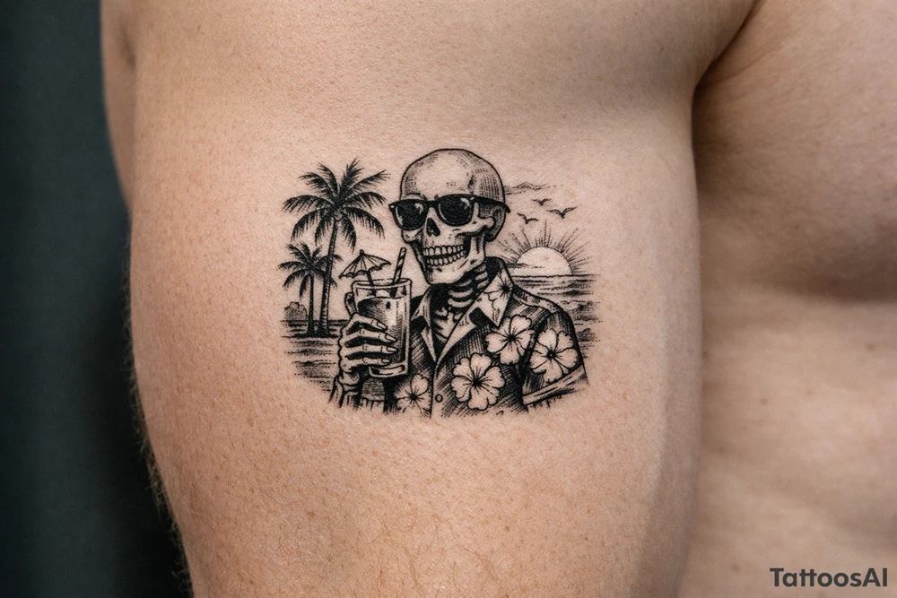 Skeleton in Hawaiian shirt and sunglasses holding a cocktail on a beach with palm trees and a setting sun. tattoo idea