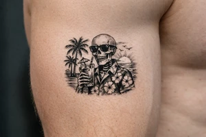 Skeleton in Hawaiian shirt and sunglasses holding a cocktail on a beach with palm trees and a setting sun. tattoo idea
