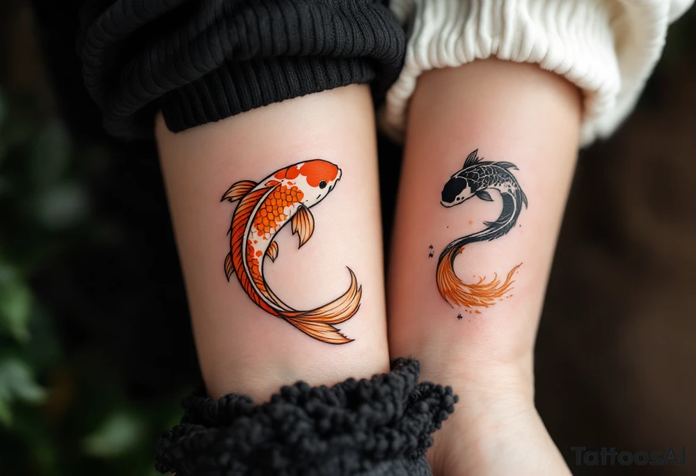 One wears a koi fish swimming upstream in orange and white, the other a koi swimming downstream in black and gold, together forming yin and yang balance. tattoo idea