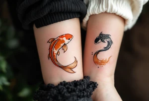 One wears a koi fish swimming upstream in orange and white, the other a koi swimming downstream in black and gold, together forming yin and yang balance. tattoo idea