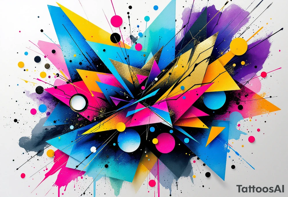 A vibrant abstract explosion of swirling geometric shapes, blending sharp lines with soft, fluid curves. The design incorporates overlapping triangles, circles, and fractured lines that move and twist together, creating a sense of chaos and harmony at the same time. Bold shades of electric blue, neon pink, and deep purple dominate the composition, with splashes of golden yellow and metallic silver adding contrast. The tattoo has a dynamic flow that seems to extend and shift across the skin, with geometric patterns fading into soft watercolor splashes, creating a dreamlike, surreal effect. The use of gradients from bright neon hues to darker shadows evokes energy, transformation, and depth, almost as if the tattoo is alive and evolving. The edges of the design feel as if they are breaking free from the skin, with abstract lines spilling out like an energetic burst of creative expression. tattoo idea