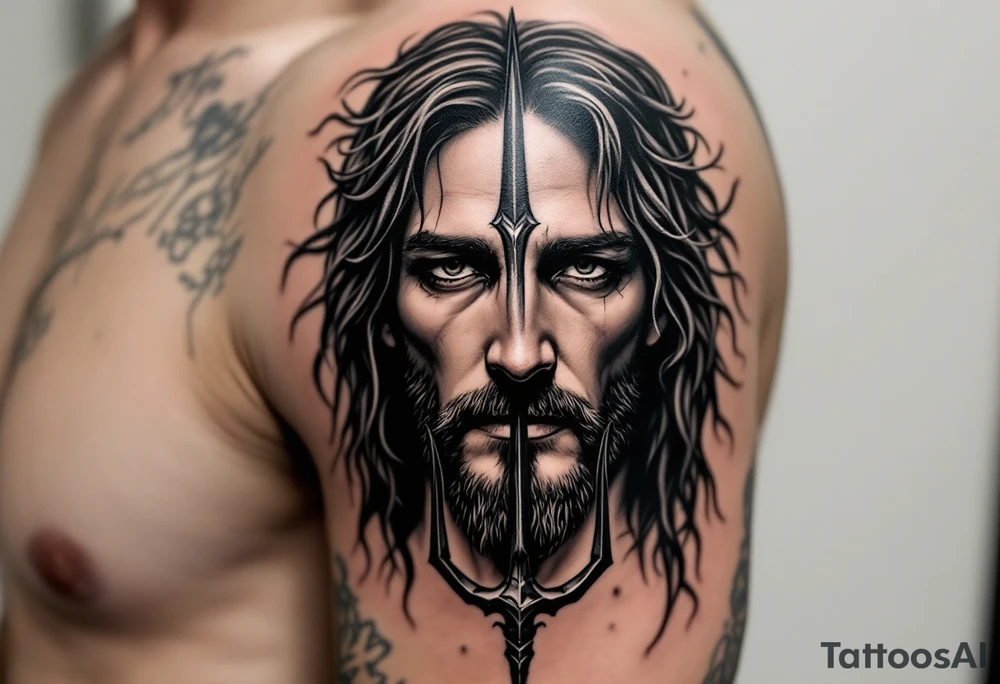 close-up jesus behind a trident tattoo idea