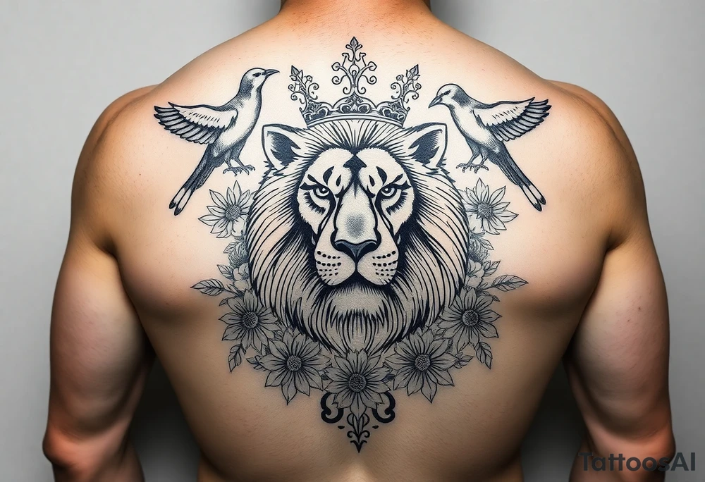 powerful majestic lion with a crown, surrounded by floral ornaments and birds tattoo idea
