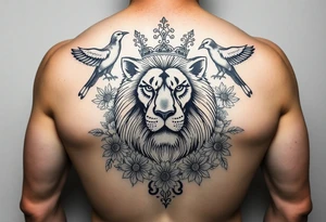 powerful majestic lion with a crown, surrounded by floral ornaments and birds tattoo idea
