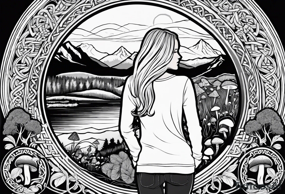 Whole picture encircled fully

Straight long blonde hair hippie girl in distance holding mushrooms in hand facing away toward mountains and creek surrounded by mushrooms long sleeve shirt and hiking pants; whole rendering within a full celtic circle border, no cut off circle tattoo idea