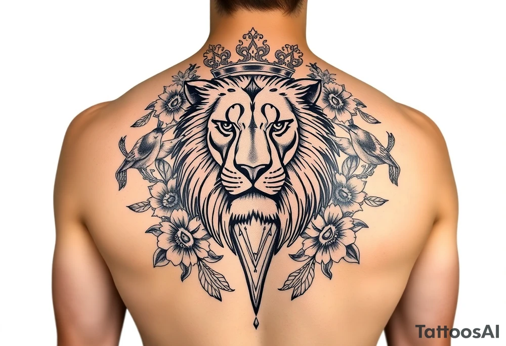 powerful majestic lion with a crown, surrounded by floral ornaments and birds tattoo idea