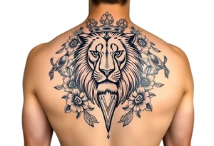powerful majestic lion with a crown, surrounded by floral ornaments and birds tattoo idea