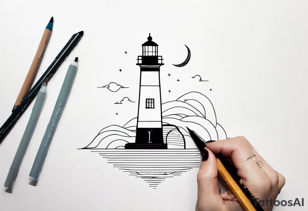 lighthouse night, fine line tattoo idea