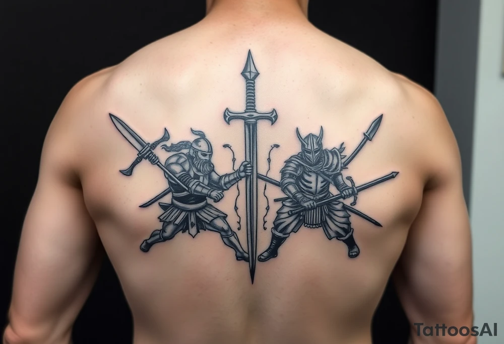 For a full back tattoo create the following battle seen- Viking vs Angus Kahn vs English knight vs Roman gladiator vs Japanese samurai. Note cation fighting and weapons against each other tattoo idea