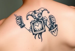 Jack in the box
Box as a clock
Spring as in smoke
Jester clown smoking on one hand drinking on the other tattoo idea