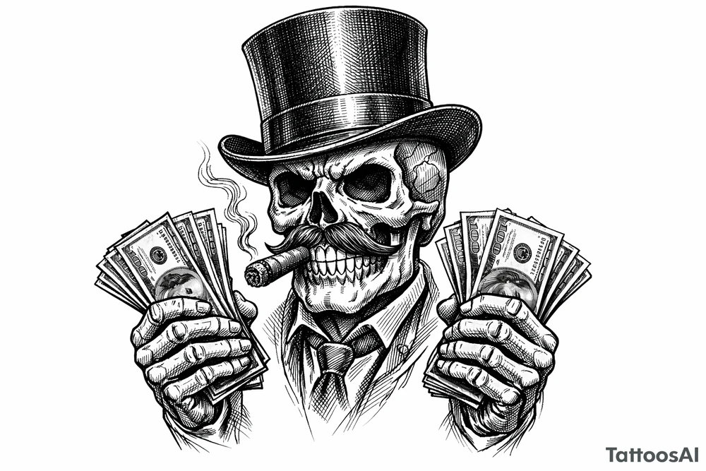 skull with mustache,top-hat,cigar in his mouth,money in both hands. tattoo idea