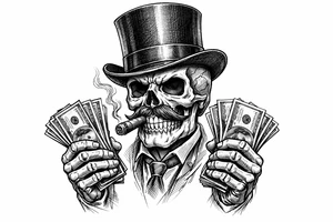 skull with mustache,top-hat,cigar in his mouth,money in both hands. tattoo idea