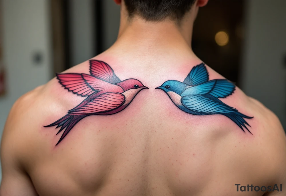 Stylized swallows in dusty rose and deep blue flying toward each other on the back shoulders signify freedom and loyalty. tattoo idea