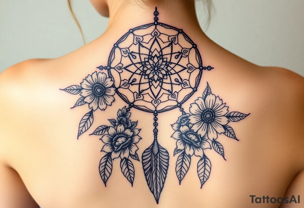 Dreamcatcher with zodiac symbols and protection runes caught in it with tigerlillies roses and sunflowers tattoo idea