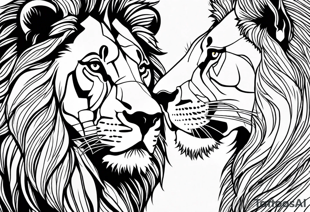 Moitie Visage lion avec son bebe lionne avec trait super fin entouré d'un cœur tattoo idea