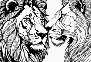 Moitie Visage lion avec son bebe lionne avec trait super fin entouré d'un cœur tattoo idea