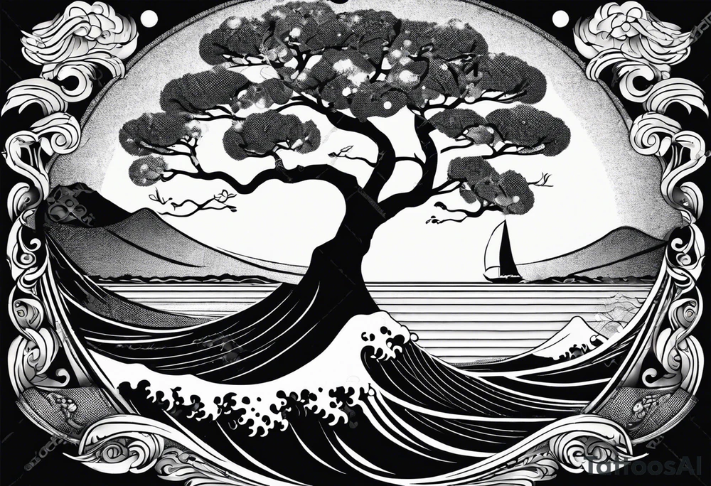 an abstract Tree of life tattoo design. Black and white. It should have roots growing out of the bottom. The roots slowly transform into water waves from the great wave by Hokusai. A golf ball should be placed discreetly. Like in the place of a moon. 2 license plate tags should be hanging from the tree. Place a few music notes. The letters A U should be engraved into the tree trunk in a heart tattoo idea