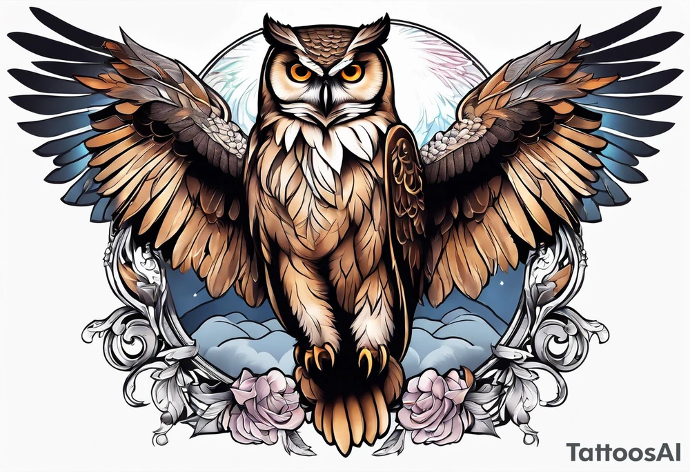 Sleeve with an owl with angel wings tattoo idea