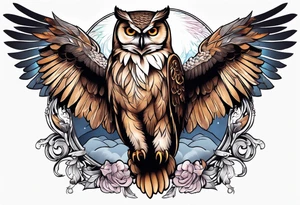Sleeve with an owl with angel wings tattoo idea