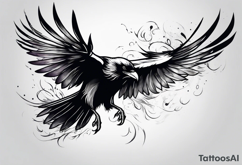 outline drawing of a flying raven with wings on fire tattoo idea