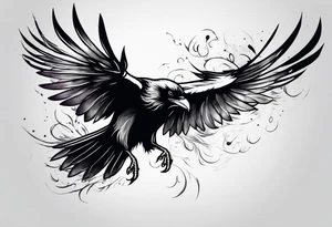 outline drawing of a flying raven with wings on fire tattoo idea