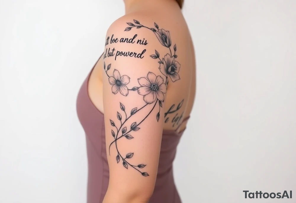 🌿


They are all connected 
 Right Arm Sleeve
	•	Top shoulder: “Soft but strong, kind but powerful.”
→ Wrapped with light olive vines
	•	Mid-arm: Peonies, lilies, tulips (your favorites)
→ Optional red ink in petal accents
	•	Lower arm/wrist: Vine wrap
→ Script: “Trust God”
	•	Style: Light, flowing, fine-line — NOT bold or filled-in

⸻

🌸 Spine Tattoo & Flow
	•	Already present floral spine tattoo
	•	New elements will connect from your sleeve, flow down from the right shoulder, lightly wrapping into your back
	•	Inspired by the reference with floral script diagonally across the spine
	•	Optional soft red ink details to enhance movement

⸻

🍑 Left Thigh + Butt
	•	Quote: “A garden of her own”
→ Placed on side of butt, flowing from lower back
	•	Floral extension down the thigh — tulips/peonies
	•	Minimal, romantic, fine-line

⸻ tattoo idea