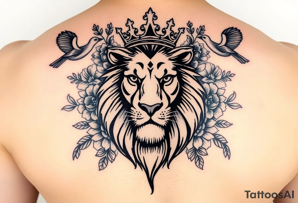 powerful majestic lion with a crown, surrounded by floral ornaments and birds tattoo idea