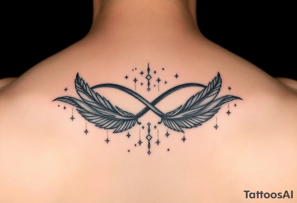 infinity symbol woven with floating feathers and stardust tattoo idea