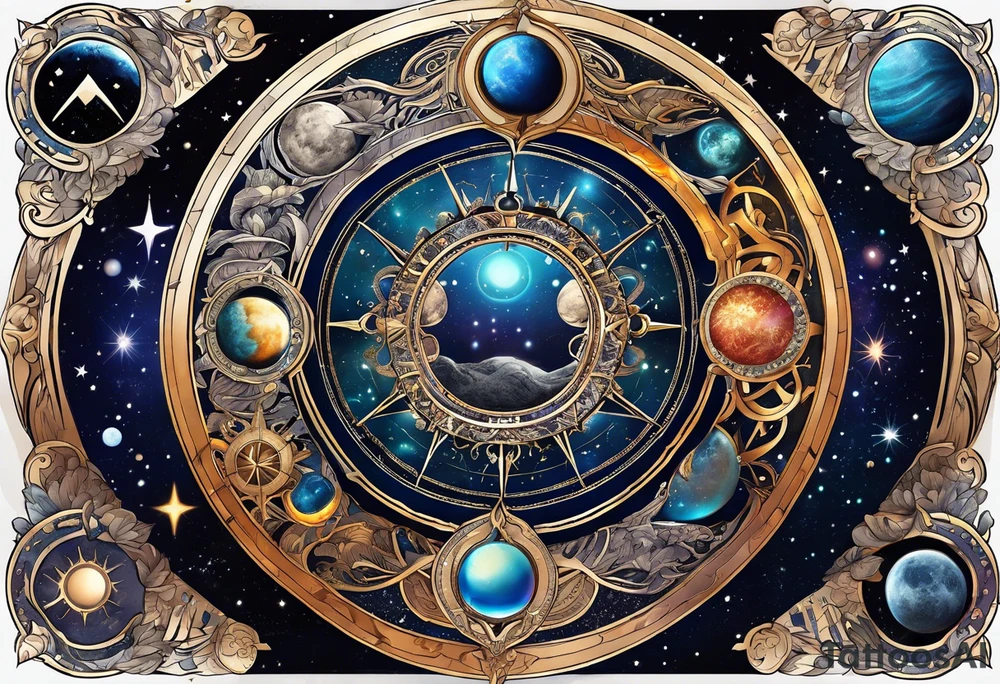 Astrology, Cancer, Natal Chart, symbolic, vision, yin yang, the moon, the sun, Uranus, Pluto, spiritual third eye, mystical armband tattoo idea