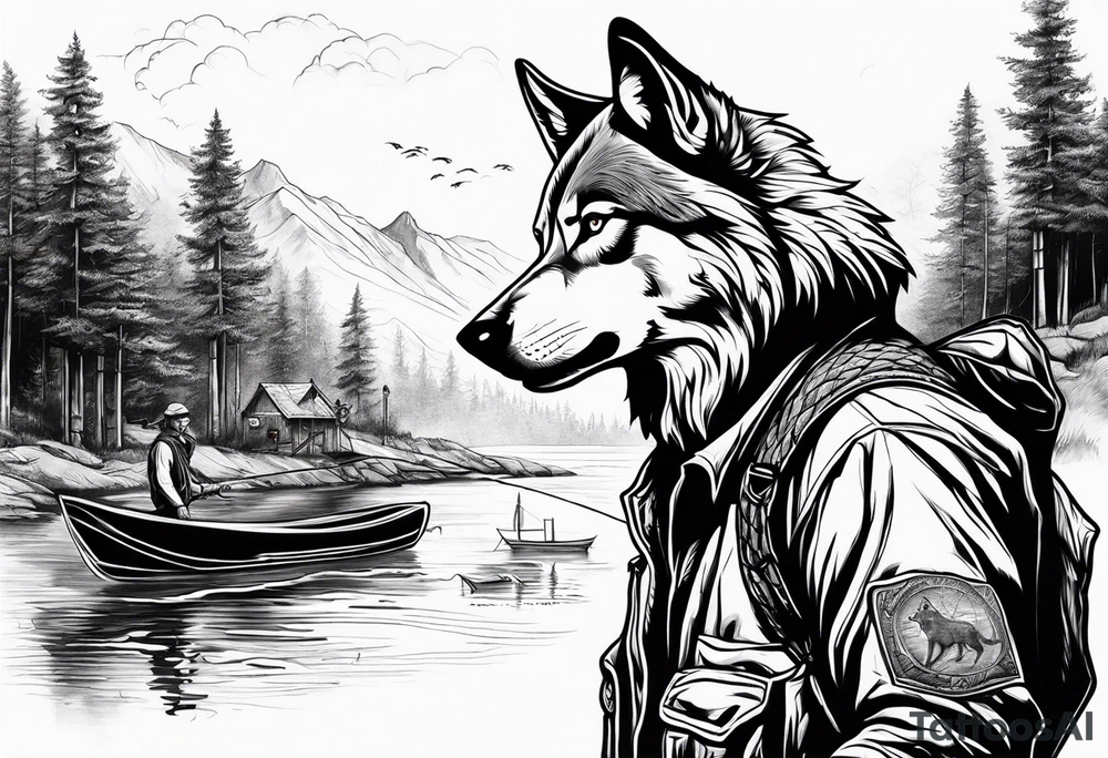 a wolf with a fisherman on a bank tattoo idea