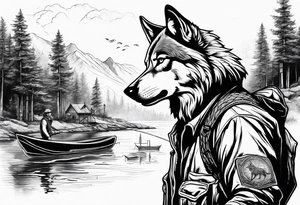 a wolf with a fisherman on a bank tattoo idea