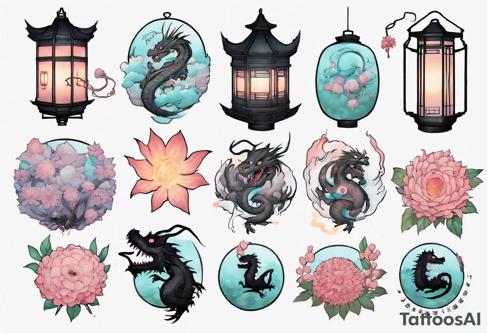 spirited away, chihiro, soot sprites, haku dragon, pastel, flowers, chinese lanterns, manga tattoo idea