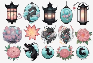 spirited away, chihiro, soot sprites, haku dragon, pastel, flowers, chinese lanterns, manga tattoo idea