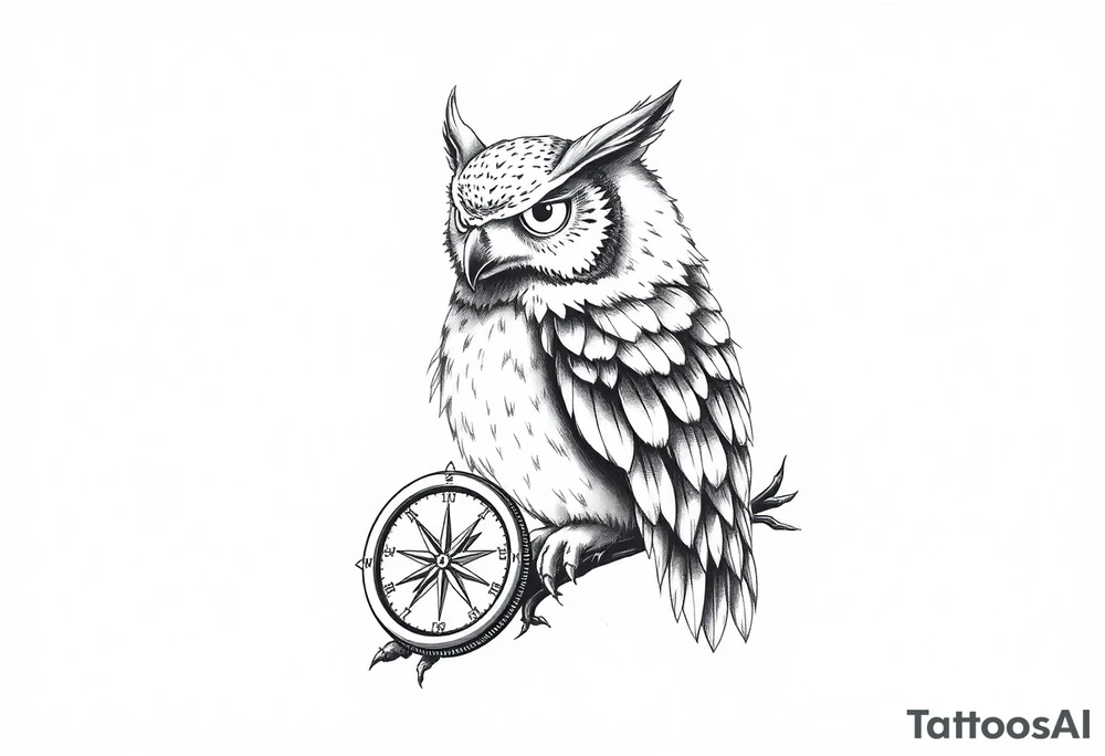 an owl,a compass,landscape. tattoo idea