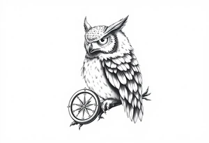 an owl,a compass,landscape. tattoo idea